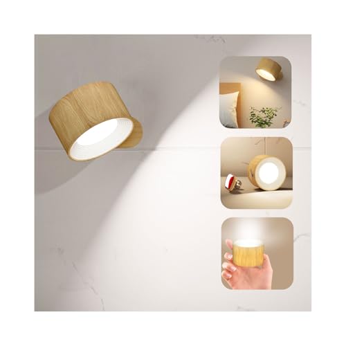 Image of Deyagoo LED Wall Sconce, Wall Mounted Lamp with Rechargeable Battery Operated USB Port 3 Color Temperature & 3 Brightness Level 360Rotate Magnetic Ball, Cordless Light for Reading Bedside-Wood