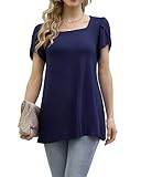 DUSDIMON Women's 2023 Summer Casual Tunic Tops Petal Short Sleeve Square Neck Loose Fit T-shirts(Nav