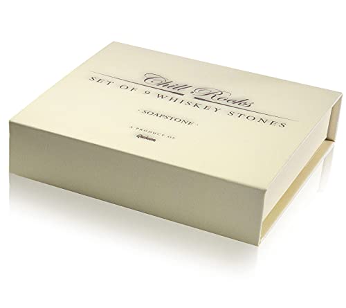 Set of 9 Grey Beverage Chilling Stones [Chill Rocks] Whiskey Stones for Whiskey and Other Beverages - in Gift Box with Velvet Carrying Pouch - Made of 100% Pure Soapstone - by Quiseen