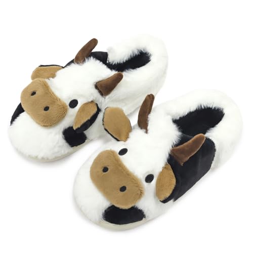 LIONPARK Women Cute Animal Cow Slippers - Cartoon Indoor Outdoor Man Cotton House Fuzzy Comfortable Slides