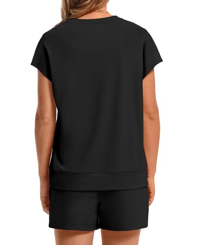 Image of WIHOLL Two Piece Sets for Women Summer Crew Neck Lounge Short Sets Cap Sleeve Drawstring Sweatsuit with Pocket