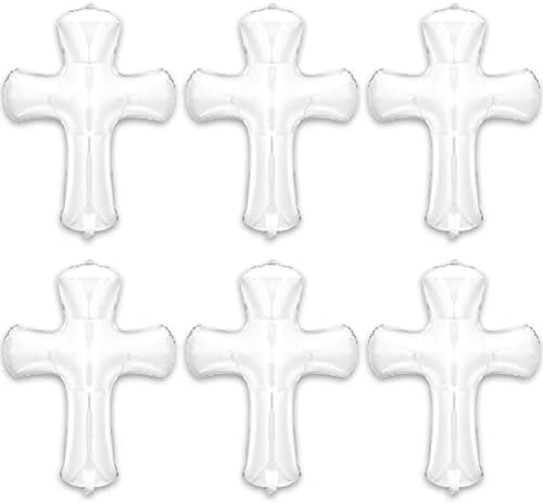 5Pcs Silver Cross Baptism Balloons - Jumbo Religious Balloon Set For First Communion And Christening