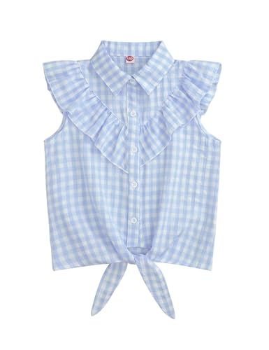 Image of Girls Sleeveless Plaid Button Down Shirt Summer Crop Tops Tie Knot Ruffle Sleeve Shirt Blouse 3-12Y
