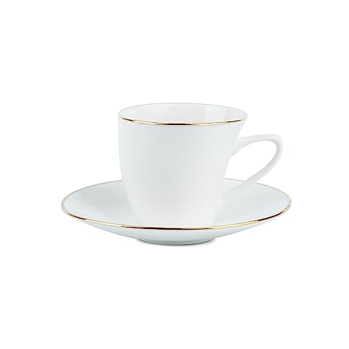 Image of Dandy Lines England Alpine Gold Band Coffee Mug & Cup Set, 6 Cups & Saucers, Elegant White, Bone China, Pack of 12, Microwave & Dishwasher Safe, Great for Hosting & Gifting