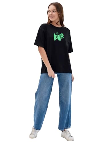 Image of LEOTUDE Women's Cotton Oversized Fit Short Sleeve with Round Neck, Oversized Longline Drop Shoulder, Back Printed T-Shirt