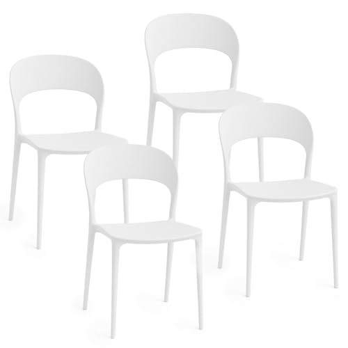 Baroni Home Set de 4 sillas Plástico Blanco – Apilables, sin Montaje, Fáciles de Limpiar, con Tapones Antideslizantes, para Cocina, Sala de Estar, Comedor, Exterior 41x38x77 cm, Respaldo Redondeado