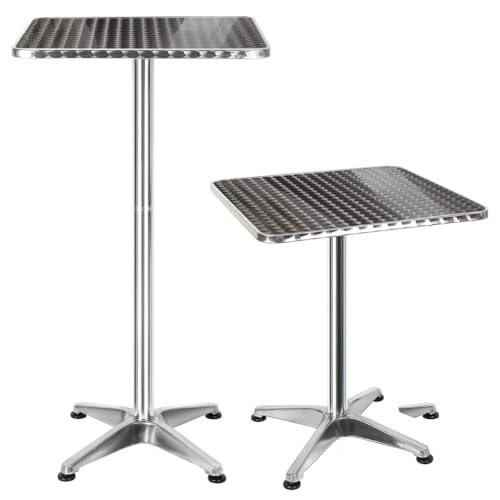 BAKAJI - Table de Bar Haute en Aluminium, pour extérieur 60 x 60cm, avec Hauteur réglable 70/110 cm, Plateau en Acier Inoxydable, pour Bar, bistrot, Maison, Jardin,...