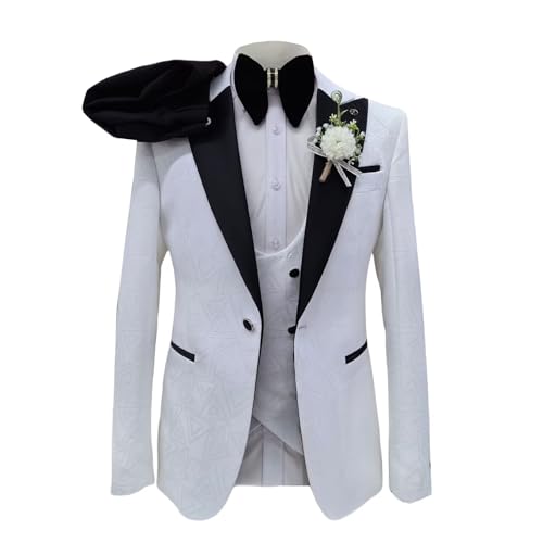 Men's Suits Slim Fit 3 Piece Set White Jacquard Classic Wedding Blazer Vest Pants Formal Tuxedo for Groomsman