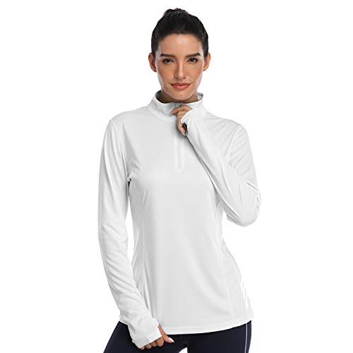 HISKYWIN Womens UPF 50+ Sun Protection Tops Long Sleeve Half-Zip Thumb Hole Outdoor Performance Workout Shirt HF806 White S