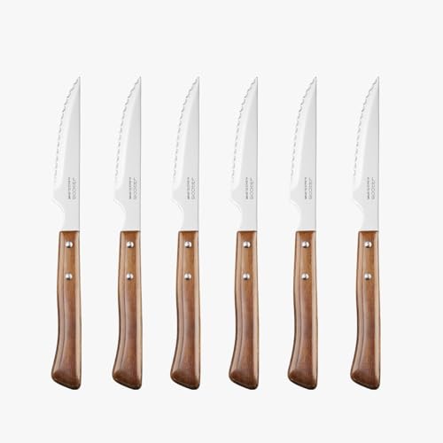 Arcos Jeu de 6 Couteaux à Steak - Lame Perlée en Acier Inoxydable. Manche en Bois de Hêtre. Série Table