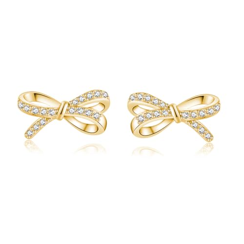 SLUYNZ Sterling Silver Small Bow Stud Earrings for Women Teens CZ Bow Stud Earrings Small Ribbon Earrings