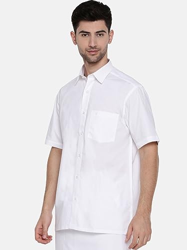 Image of RAMRAJ COTTON Mens Solid Regular Fit Half Sleeve Ethnic White Cotton Shirt