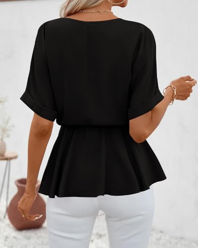 FSHAOES Womens V Neck Blouse Short Sleeve Belted Casual T-Shirts Basic Tee Tops2