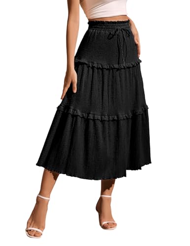 Meetjen Women's 2025 Summer Flowy A Line Ruffle Skirt Elastic Boho Swing High Waist Midi Long Casual Skirts Black M