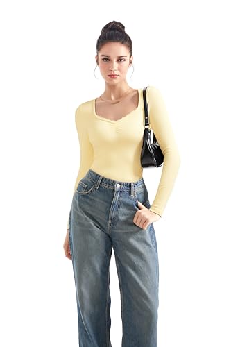 Image of SUUKSESS Women Sweetheart V Neck Long Sleeve Tops Lace Trim Ribbed Modal Fall Going Out Shirts