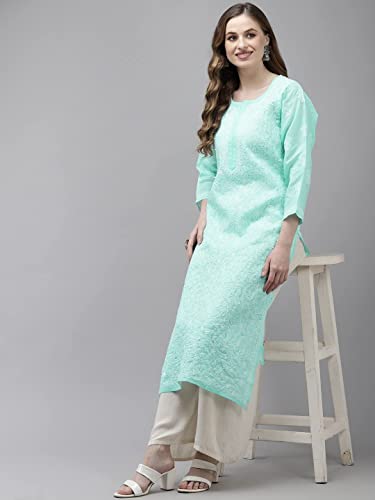 Image of Ada Women's Cotton Straight Fit Straight Hand Embroidered Lucknowi Chikankari Kurta Kurti A411165