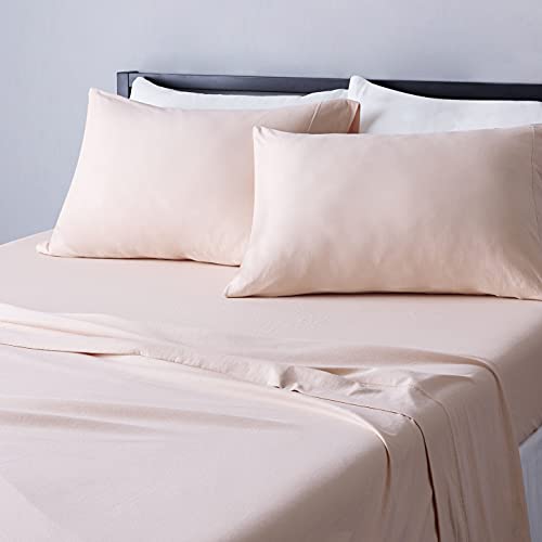 Image of Amazon Basics 4 Piece Breathable 100% Cotton Jersey Knit Bed Sheet Set, Includes Flat and Fitted Sheets, Pillowcase, Queen, Blush