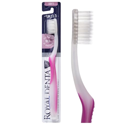 Royal Denta Soft Toothbrush for Adults, Dual Length Soft Bristles for Sensitive Teeth & Gums, Silver-Infused Manual Toothbrush for Whitening, Flossing and Braces, Ergonomic Grip Handle (Pink)