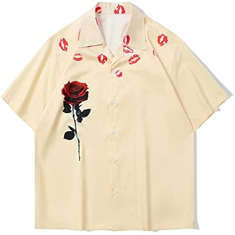 Short Sleeve Hawaiian Shirts,Men'S Hawaiian Beach Shirts, Lip Print Rose Pattern Button Up Shirts, Simple Loose Short Sleeve Shirts For Seaside Vacations And Everyday Wear,Xxl Cover