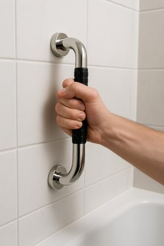 Image of BATH GURU Heavy Duty High Grade Rustproof Stainless Steel Safety Bathroom Grab Bar handle for Senior Citizen, Anti-Slip Grip, Wall Mounted Support Rail for Toilet Shower, Bathtub (Black Grip, 20 Inch)