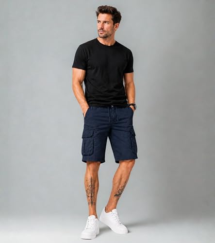 Image of L'MONTE Men's Imported Cotton Casual Relaxed Fit Outwear Cargo Shorts with Expandable Elastic Waist and Multi Pockets