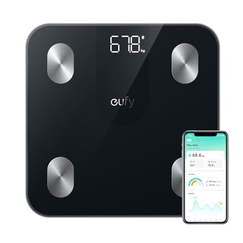 eufy Scales for Body Weight, Digital Bathroom Scales with Bluetooth, Body Fat Scale, 12 Measurements, Weight/Body Fat/BMI, Fitness Body Composition Analysis, Black, lbs/kg, Smart Scales A1