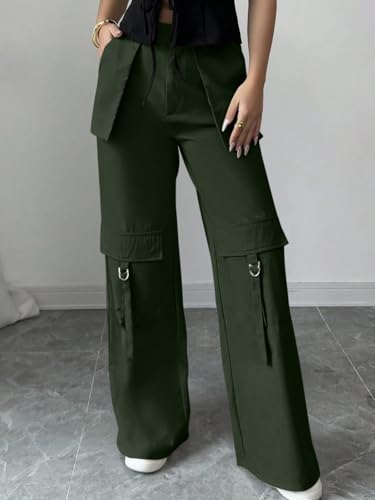 Image of Leriya Fashion Cargo Pants for Woman | Cargo Pants for Women Cotton Wide Leg Utility Fit Flap Pockets | Trousers Fors Women, Relaxed Fit Baggy Pant Airport Outfit for Womens Streetwear Attire