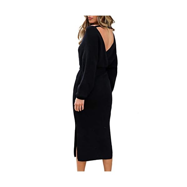 Viottiset Women's V Neck Long Sleeve Sexy Elegant Backless Wrap Bodycon Slit Long Midi Sweater Dress with Belt - Image 4