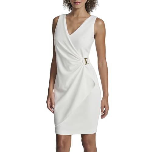 Image of DKNY Women's Sleeveless V-Neck Ruched D Buckle Hardware Faux Wrap Dress