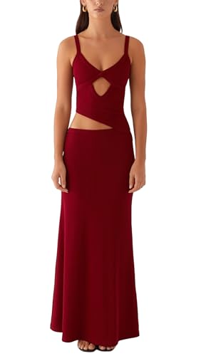 Image of NUFIWI Women Bodycon Spaghetti Strap Cutout Maxi Dress Hollow Sexy Fitted Dresses Sleeveless Stretch Slip Long Dress