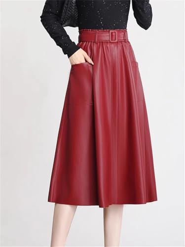 Women Leather Skirt Stretch Waist A-Line Loose Long Skirt with Pocket Casual Skirts2