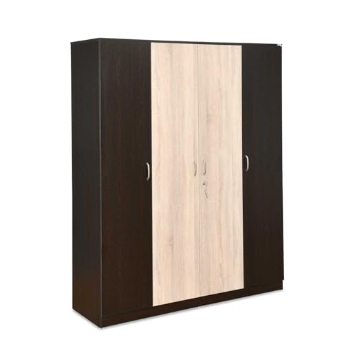 Image of Nilkamal Willy 4 Door Wooden Wardrobe Without Mirror for Bedroom | Almirah with 12 Shelves, 1 Hanging Rod, 1 Lockable Drawer | Clothes Cupboard | Engineered Wood | Wenge & Sonoma Oak