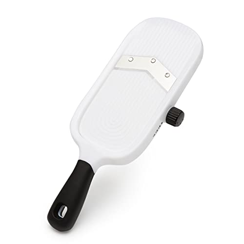 Image of Amazon Basics Hand-held Safe Mandoline Slicer for Vegetables and Fruits, Adjustable Thickness, Stainless Steel Blade, White, 11.3 inch x 4.5 inch x 2.5 inch