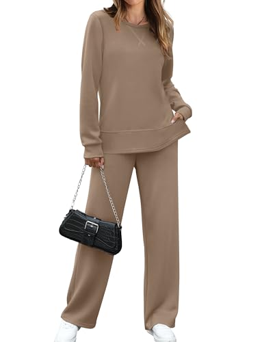 Image of OFEEFAN Women's 2 Piece Lounge Set Travel Airport Outfits Side Slit Tracksuit Wide Leg Loungewear Baggy Comfy Sweatsuit S-3XL