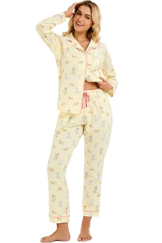 Image of LUBOT 100% Cotton Pajamas for Women Pajama Set 2 Piece PJ Sleepwear Set Soft Ladies Button Knit Long Sleeve Loungewear XS-XXL