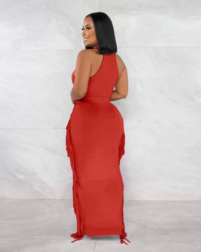 Image of 2 Piece Outfits for Women Sexy Halter Neck Sleeveless Crop Tops Ruched Bodycon Dresses Jumpsuits Fringe Skirt Sets