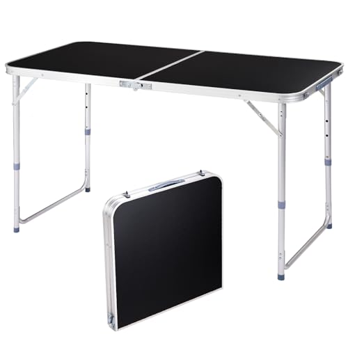 Solianne Mesa Plegable Multipropósito Portátil 4 Ft, Aluminio Negro y Madera, Altura Ajustable 3 Niveles, Patas con Seguro, para Camping Exterior