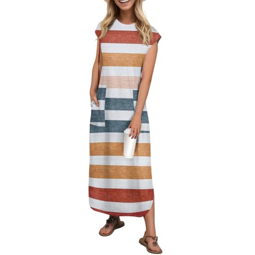 Kleid Frauen Klassische Rundhals Tunika-Kleid Strand mit Print Locker Sommer Mit Tasche Kleid Damen Ärmellose Polyester Weich A Linien Orange