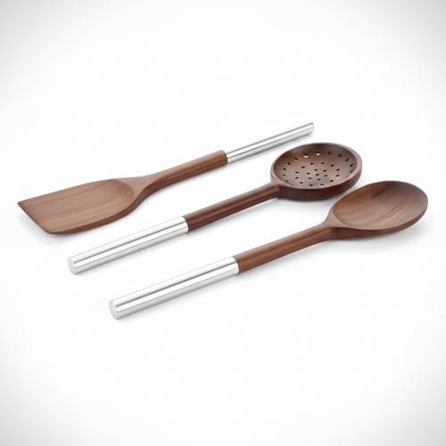 AmberHaus%100 Doğal Akasya Ahşap & Paslanmaz Çelik 3’lü Mutfak Seti | Kaşık, Spatula, Kevgir | Isıya Dayanıklı ve Şık Servis Takımı (3'lü Set)