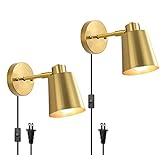 Yollzey Plug in Wall Sconces, Gold Wall Lamp Swing Arm Wall Lights with Plug in Cord Metal Gold Vint