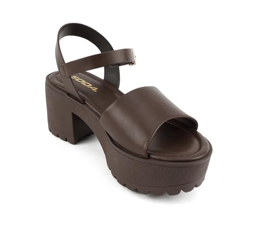 Image of Soda inchStacie inch ~ Women Open Toe Lug Sole Mid Block Heeled Sandals with Adjustable Ankle Strap