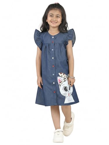 Image of superminis Girls Denim Solid Color Half Sleeves Dress with Embroidered Pocket (1 Dress)