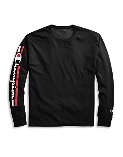 Champion Men's Classic Jersey Long Sleeve Tee - Script On Arm, Black, Large