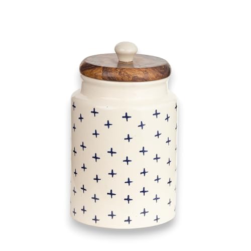 Image of 'Blue Plus' Ceramic Airtight Container - 1000ml Each - Wooden Lid - Kitchen Containers for Sugar, Tea, Salt, Pickles, Pulses & More (Blue Plus)