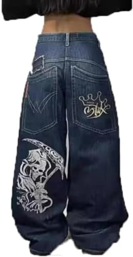 Hombres Mujeres Y2K Hip Hop Jeans Estampado Impresión de Pantalones de Pierna Ancha Loose Big Pockets Gothic Impres. Unisex Jeans de guía de Cintura Alta (Azul,XXL)