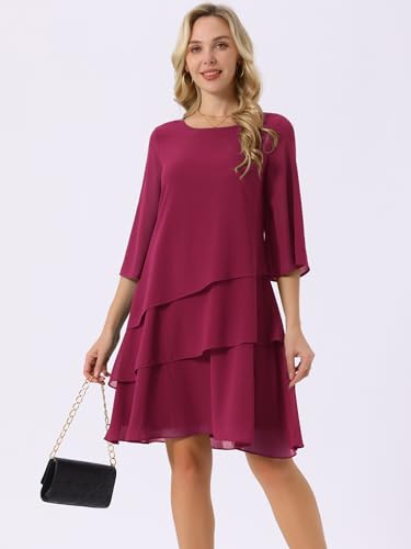 Image of Seta T Women's Chiffon Dresses 3 /4 Bell Sleeve Crewneck Tiered Layered Flowy Dress Party Wedding Outfits