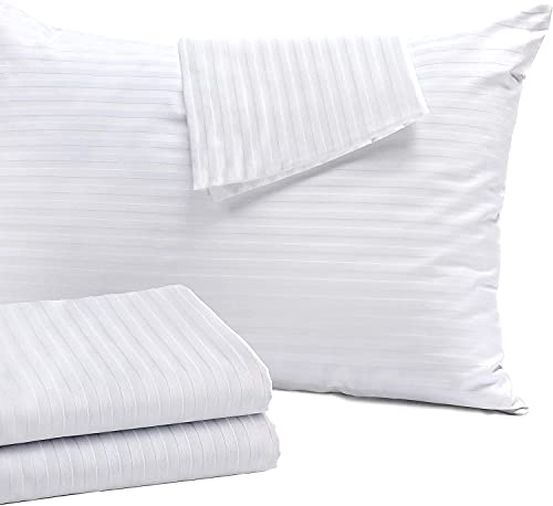 Linenwalas 300 TC Premium 100% Cotton Stripes Set of 2 Standard Pillow Covers - 18 x 28 ,White Stripes