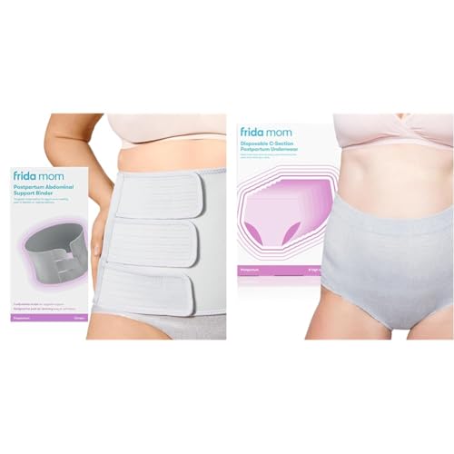 Image of Frida Mom Belly Binder, Adjustable Compression Wrap + Postpartum Disposable High Waist Underwear, Size Regular (Waist 28"-42" Stretched), 8 Count, C-Section Recovery Bundle