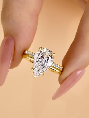 4.0CT Pear Cut Engagement Ring Set for Women,14K Yellow Gold Plated 925 Sterling Silver Simulated Diamond Bridal Wedding Ring Set4