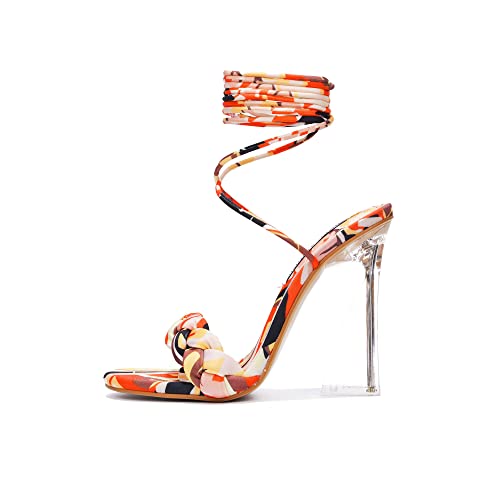 Cape Robbin Women's Lace-Up Transparent High Heels - Braided Open Almond Toe Clear Heeled Sandals (Tracy)